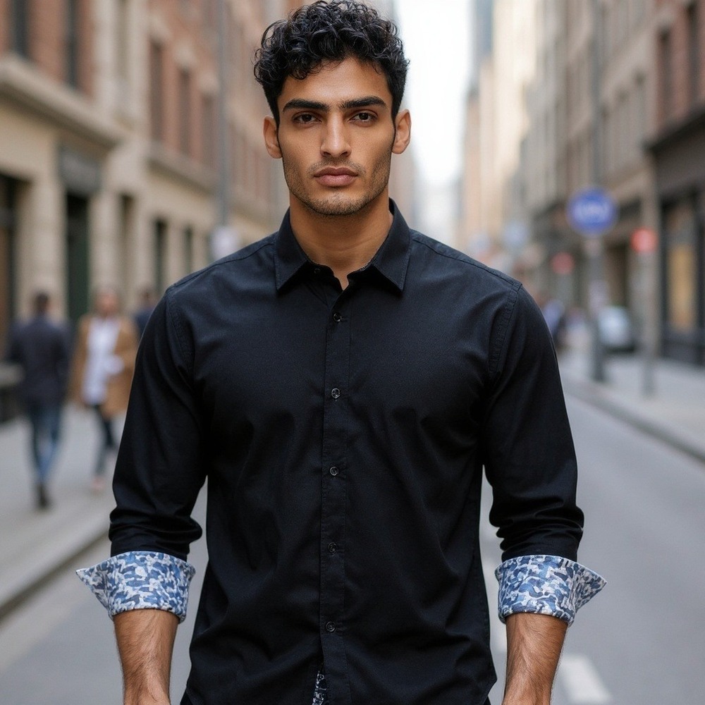 Denim & Flower Ricky Singh Mens Dotted Navy Blue Button Up Long Sleeve Shirt L